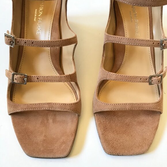 NEW Marion Parke Francine Sandals Heels Womens 37 7 Caramel Tan Suede Buckle NEW - Picture 5 of 12
